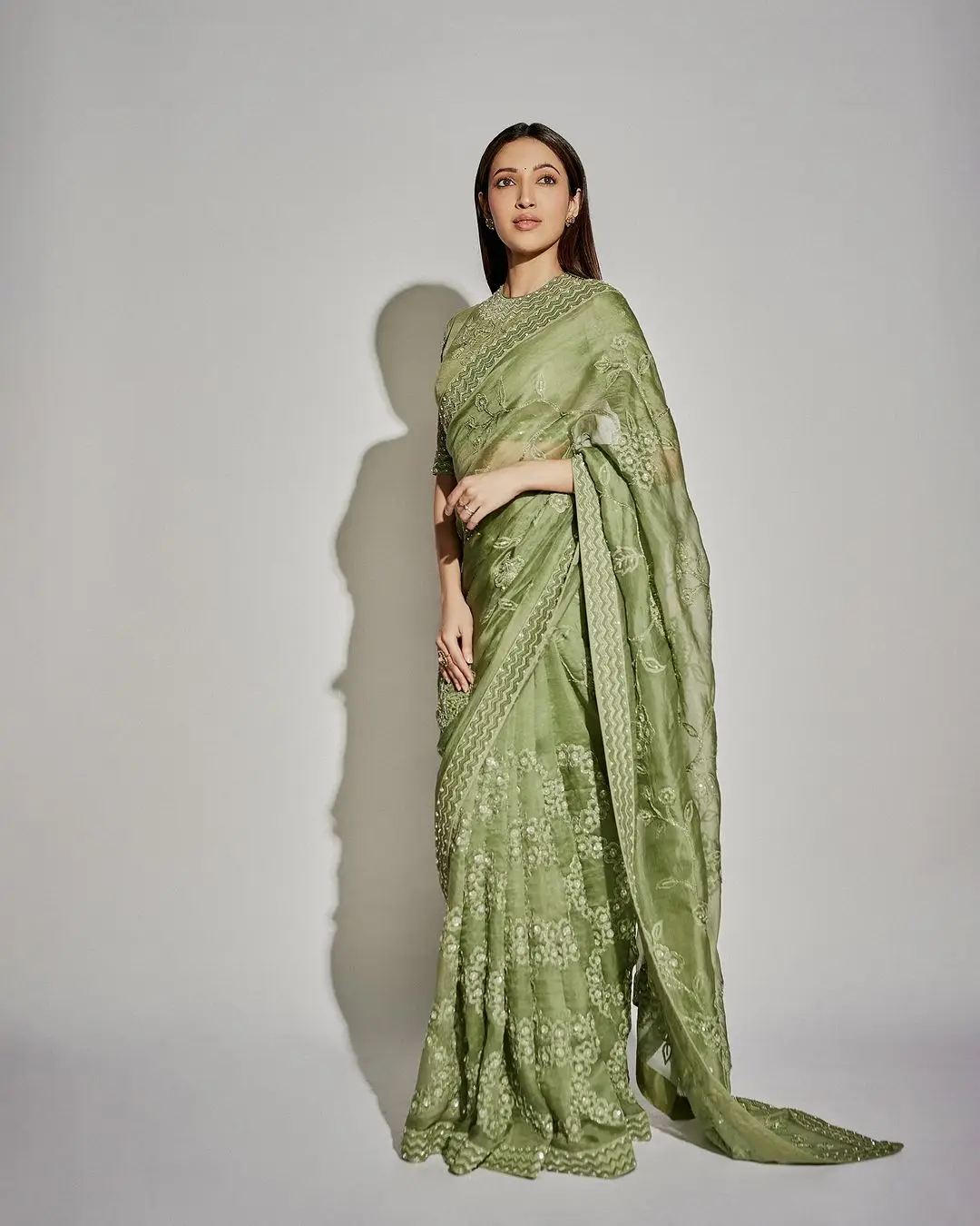 Neha Shetty Wearing Beautiful Earrings Green Designer Saree